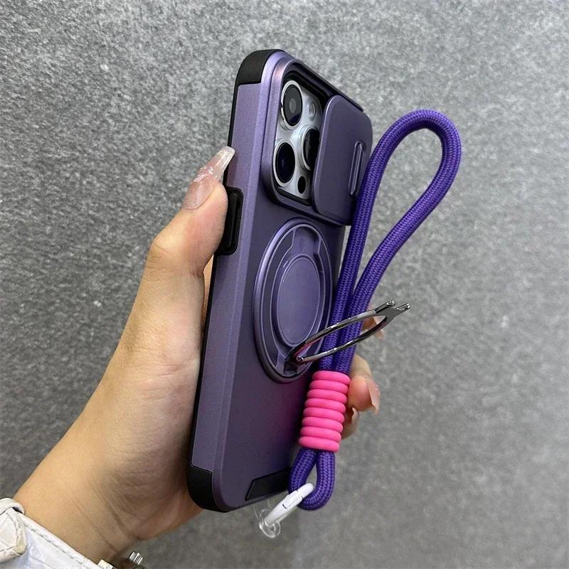 Armor Magnetic Ring Stand Holder Slide Window with Wrist Strap Phone Case for iPhone 16 15 13 12 11 14 Pro Max Plus Bumper Cover