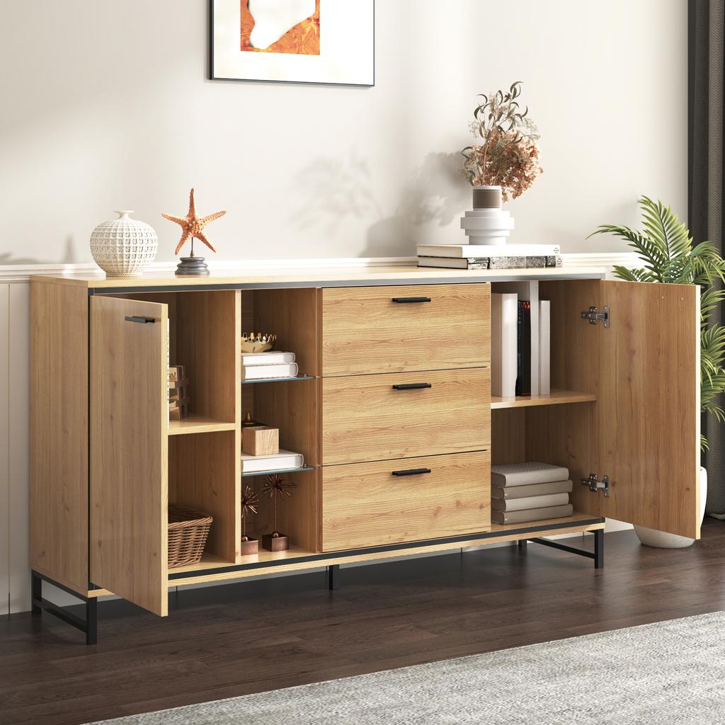 Sideboard with Three Drawers, Exquisite Grain. Modern Sideboard In Wood Color with Storage Compartments. Black and Wood Color.