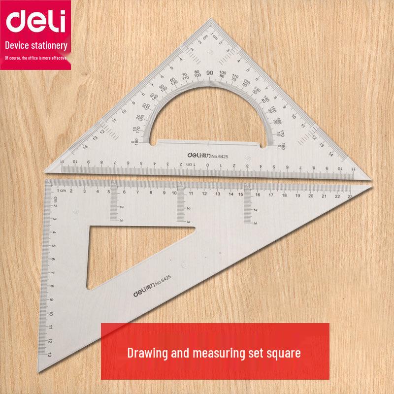Deli 6425 23cm Transparent Triangle Ruler Set for Students - Ideal for Drafting and Measurements