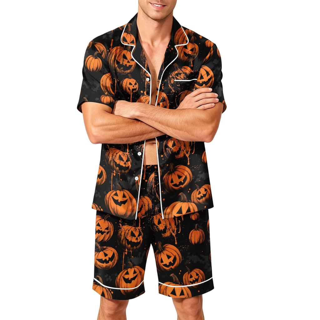 Men's Short Sleeve Pajama Set Button Down Shirt with Curved Hem and Matching Shorts Soft Casual Sleepwear S To XXXXL