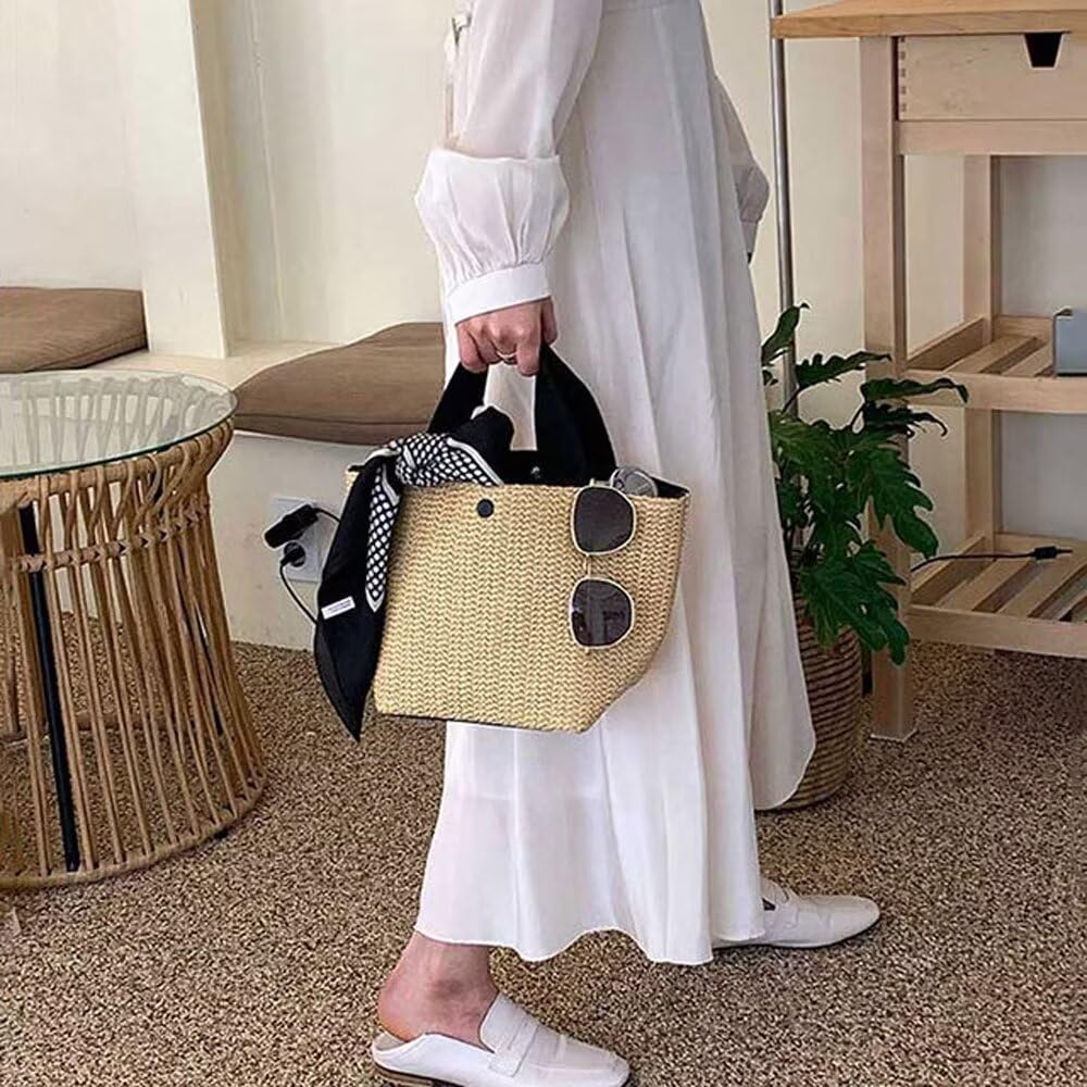 [Uroi] Women's Straw Basket Bag, Handbag, Spring, Summer, Autumn, with Lining, No Drawstring Bag, Lightweight, Woven Bag, Summer Bag, Perfect for