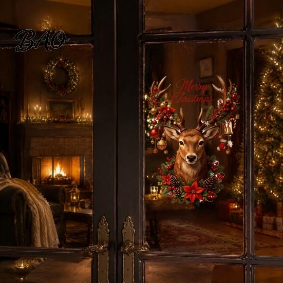 Reusable Winter Window Clings Christmas Reindeer Static Glass Sticker, Removable with Merry Text, PVC Stickers for Holiday Home And Store Decoration