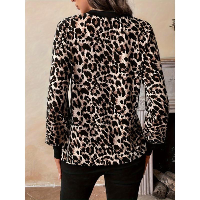 JKASHDK Women's Fashion Casual Spring Autumn Leopard Print Long Sleeve V-Neck Blouses & Shirts