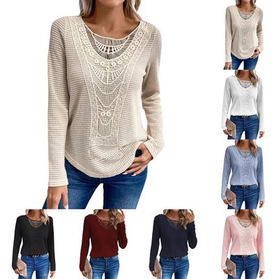 Autumn Solid Solor Lace Patchwork With Lace Round Neck Women's Long Sleeved T-Shirt For Women