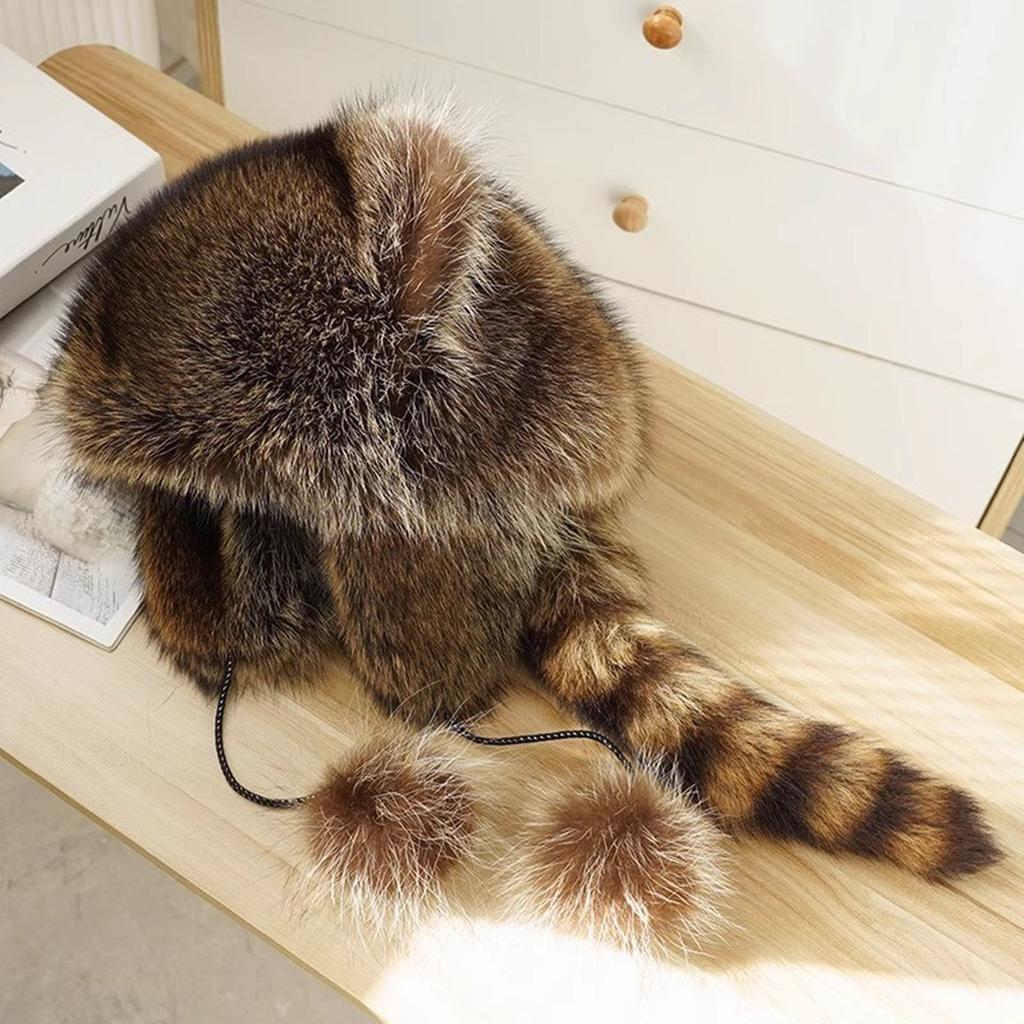 Thicken Plush Hat for Parent-Kids Windproof Plush Hat with Cute Raccoon Ear&Tail Adult Teens Winter Warm Mongolian Hat