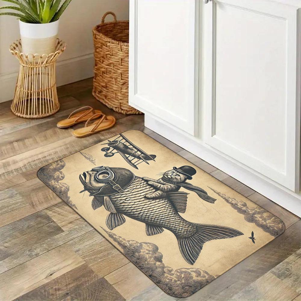 Cat Warrior Riding A Big Fish Carpet Majestic Door Mat Welcome Mat Soft Living Room Carpet Rug For Bedroom Home Decoratio