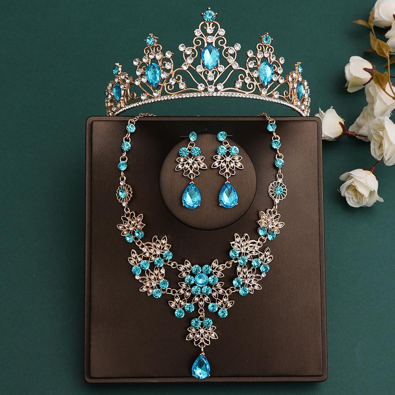 DIEZI Korean Sky Blue Crystal Crown Women Girls Headwear Luxury Bridal Bride Tiaras Necklace Earrings Wedding Party Jewelry Sets