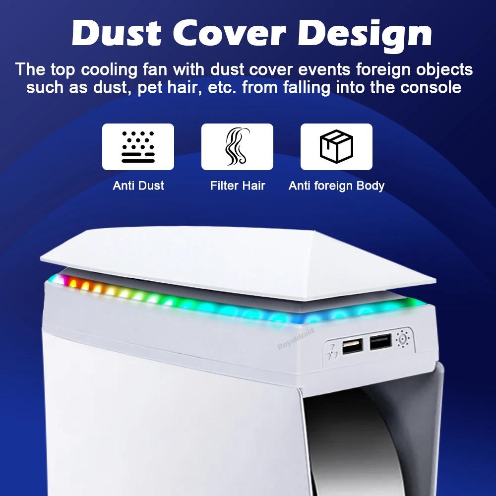 White Upper Cooling Fan Base Game Cooler Stand Bracket with RGB Atmosphere Colorful Lighting LED for PS5 Console with Dust Cover