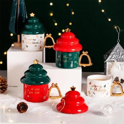 Christmas Tree Ceramic Mug with Lid Painted Gold Wind Chime Handle Mug Office Coffee Cup Water Cup Christmas Halloween Gift