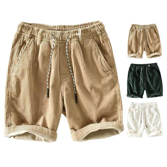 Sommershorts for menn Elastisk midje Justerbar snøring Uformelle shorts med lommer Ensfarge Corduroy strandshorts med brede ben