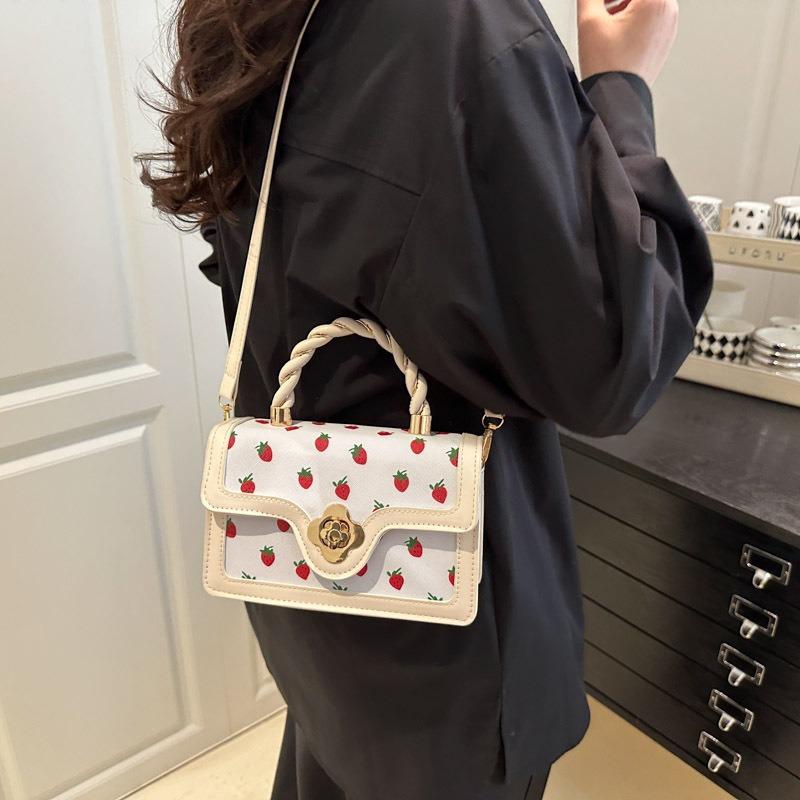 Little Cherry Printed Shoulder Bag Women's New Twist Portable Small Square Bag Fresh Contrast Color Design Messenger Bag