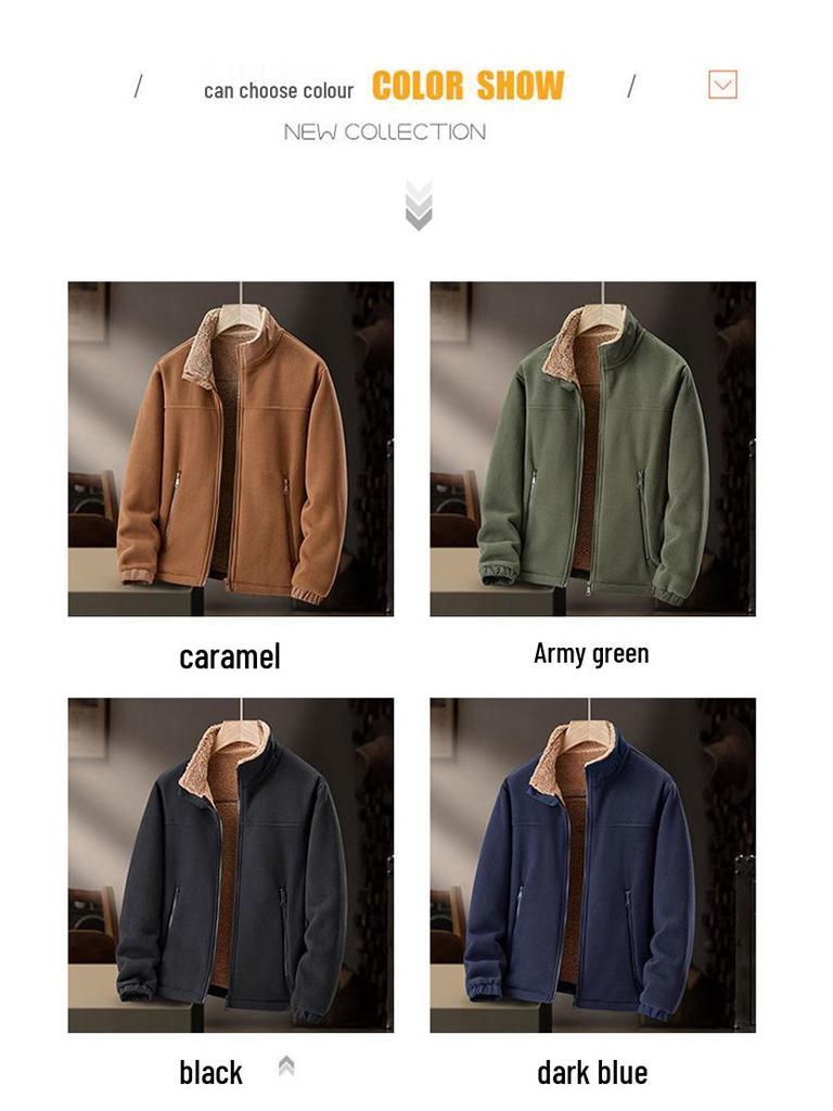 2025 Men's Stand Collar Fleece Jacket for Autumn/Winter - Solid Color, Extra Warmth, Ideal for Middle-aged and Elderly