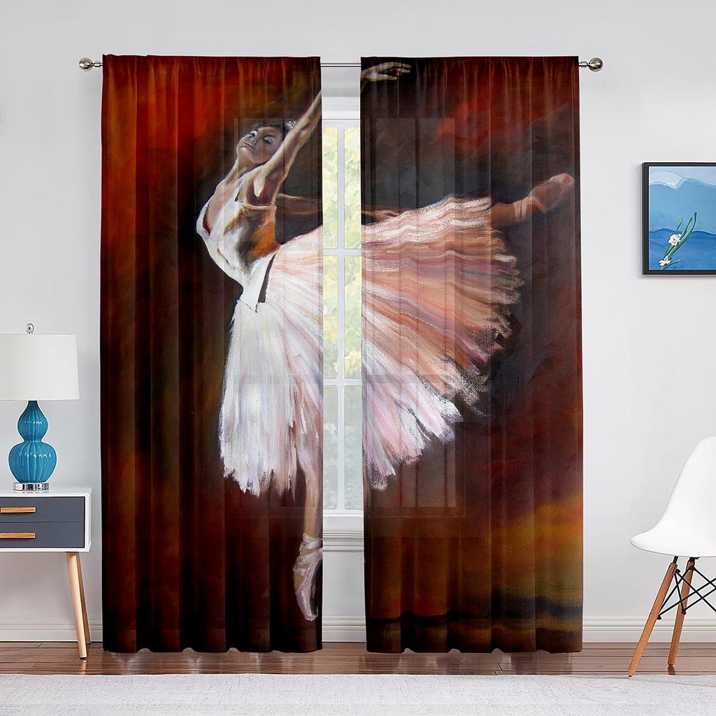 Retro Ballerina Dancing Classic Performance Tulle Curtain for Living Room Decoration Chiffon Sheer Voile Kitchen Bedroom Curtain