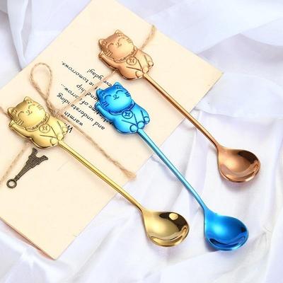 Creative 304 Stainless Steel Cartoon Lucky Cat Spoon Gift Coffee Stirring Spoon Ice Cream Ice Cream Dessert Spoon