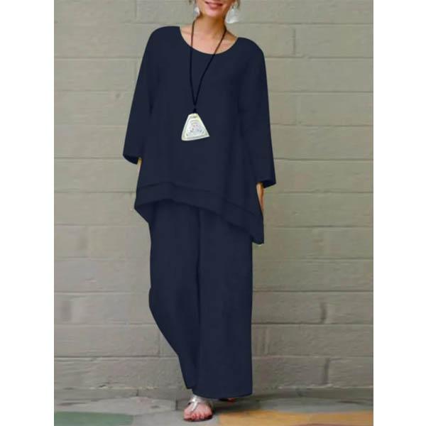 Completo da donna 2 pezzi casual con top a maniche lunghe con scollo a O e pantaloni lunghi a gamba larga con elastico in vita, tinta unita, ideale per il tempo libero.
