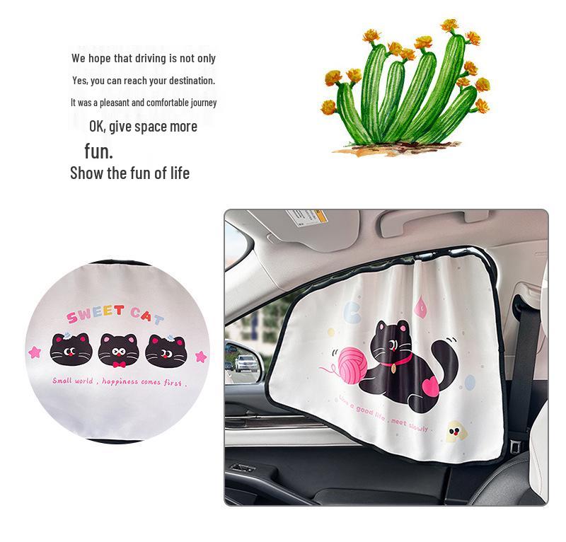 Blue Rain Cartoon Cat Car Sun Shade Fabric - Heat Insulating Window Curtain for Baby.