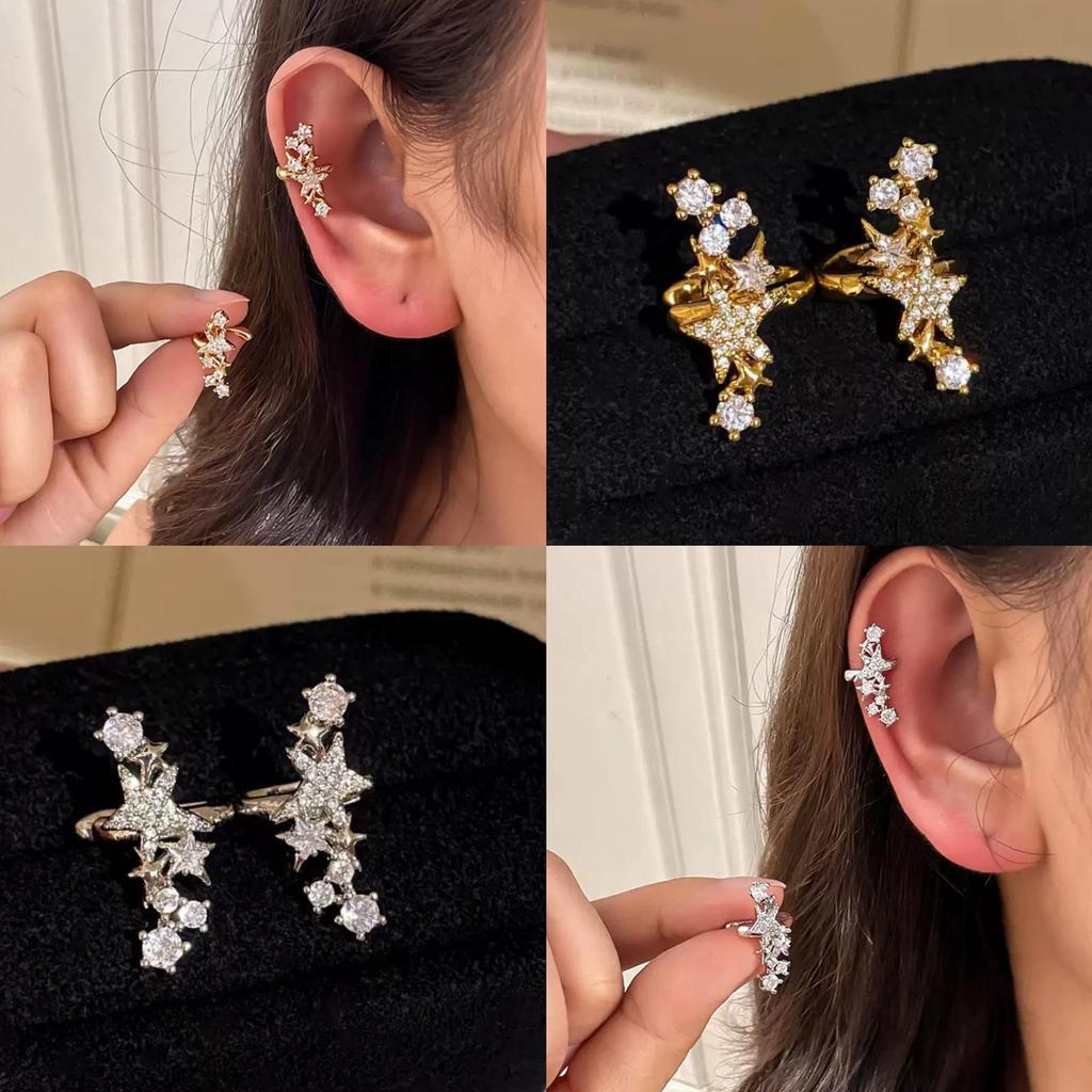 Korean Two-Tone Star Ear Cuff for Women, Piercing-Free, Exquisite Zirconia Earrings, Luxurious High-End Jewelry.