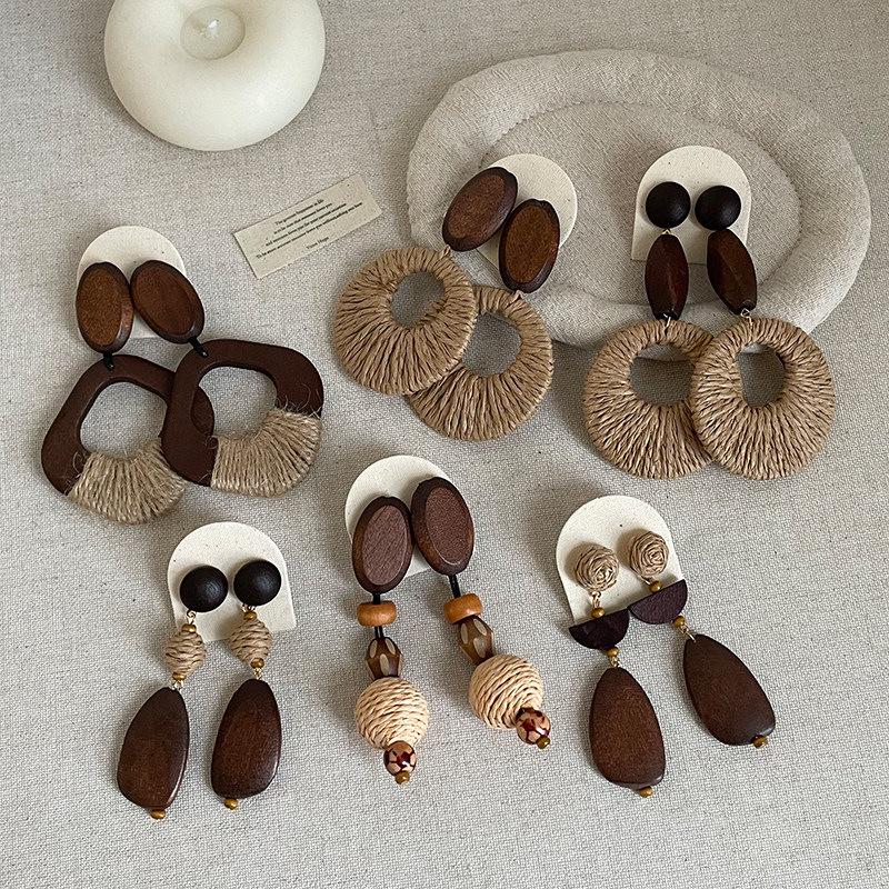 Bohemian Retro Straw Woven Wooden Stud Earrings Collection: Vacation Style Fashion Trend Jewelry