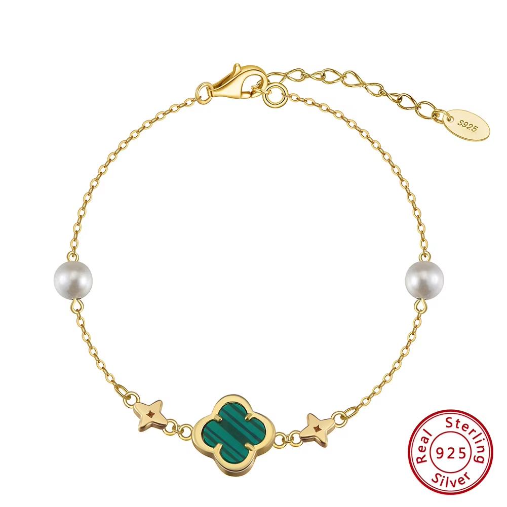 ORSA JEWELS 925 Silber Grüner Malachit Kleeblatt Armband O-Kette Mit Muschelperle Symbol Für Reichtum & Glück GMB69