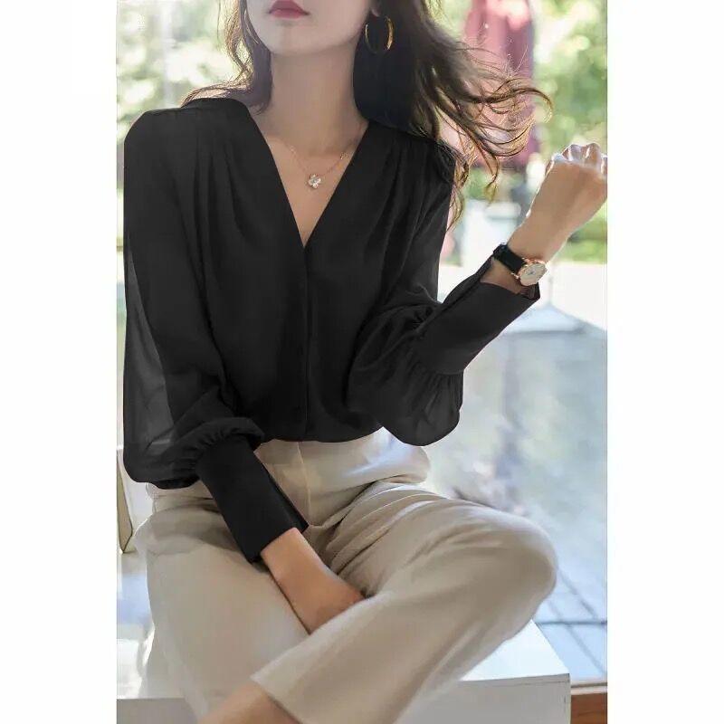 Long Sleeve Shirt for Women Spring and Autumn V-neck Design Top Temperament Loose Chiffon Shirt for Women