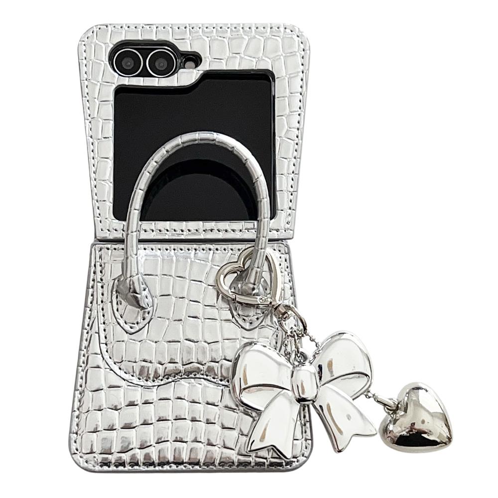 For Samsung Galaxy Z Flip7 FE 5G/Z Flip6 5G Case Handbag Crocodile Texture Leather+PC Phone Cover with Bow Heart Pendant