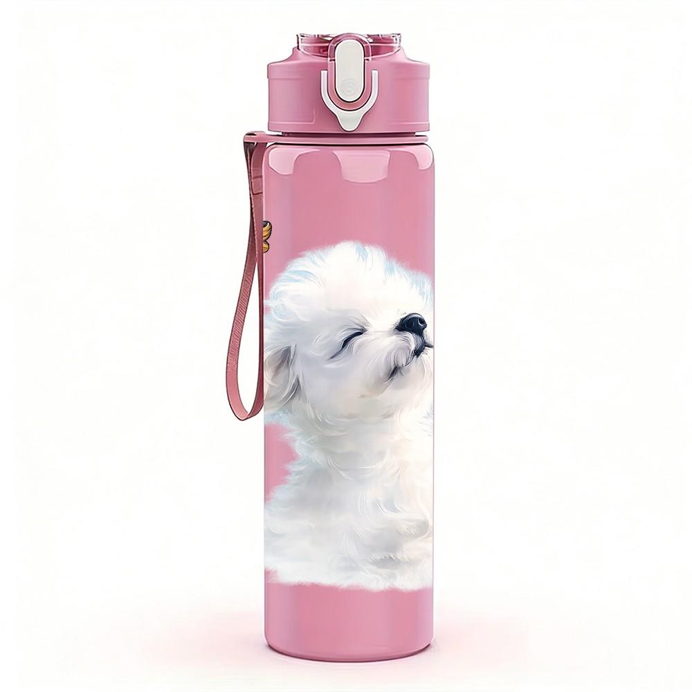 1PC Fluffy White Puppy Dog Sitting Print 750ml Color Plastic Sports Water Bottle Leakproof Flip Straw Lid Suitable for Sports Office Home Use