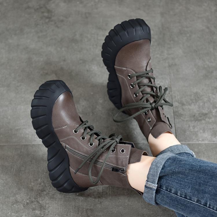 Johnature Genuine Leather Thick Soled Boots Retro Round Toe Lace Up Women's Platform Boots