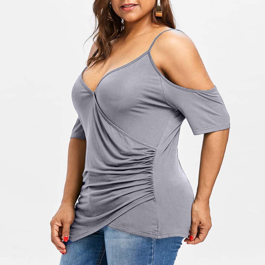 Fashion Womens Plus Size Cutout Asymmetric Cold Shoulder T-shirt V-Neck Tops