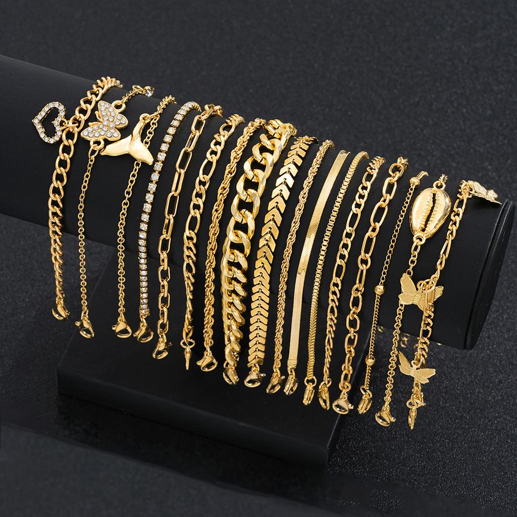 17Pcs/Set Bohemian Butterfly Heart Bracelets Set for Women Summer Seaside Gold Color Conch Fishtail Zircon Bracelets Jewelry New