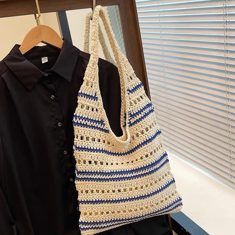 Chic Blue & White Striped Knit Crochet Shoulder Bag Versatile Large Capacity Hollow Out Casual Tote for Women Summer Beach Vacations AVE