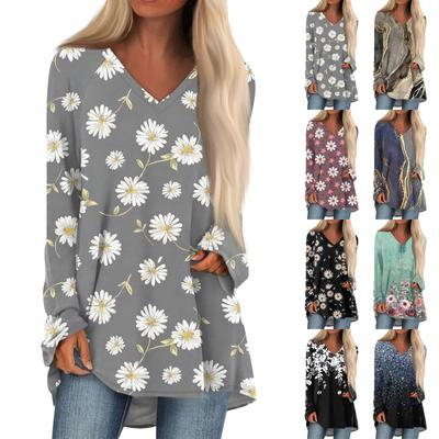 Lässiges, langärmliges T-Shirt mit V-Ausschnitt und Blumendruck für Damen