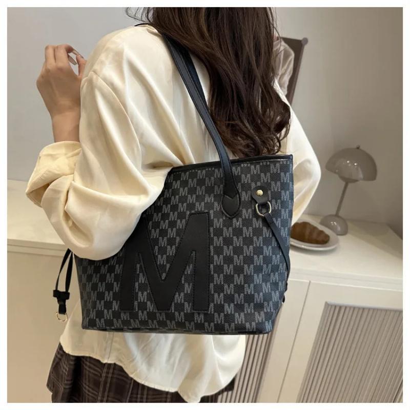 Monogrammed Tote Bag & Mini Bag Set Stylish Purses with Logo Accents Large Capacity Handbags Shoulder Bag for Women's Daily Use