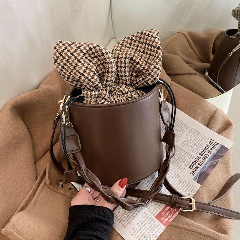 

Cute Bunny Ear Design Bucket Bag Women Houndstooth Patchwork Large Capacity Shoulder Bag Ladies Fashion Versatile Crossbody Bags 17x14x17cm кавовий