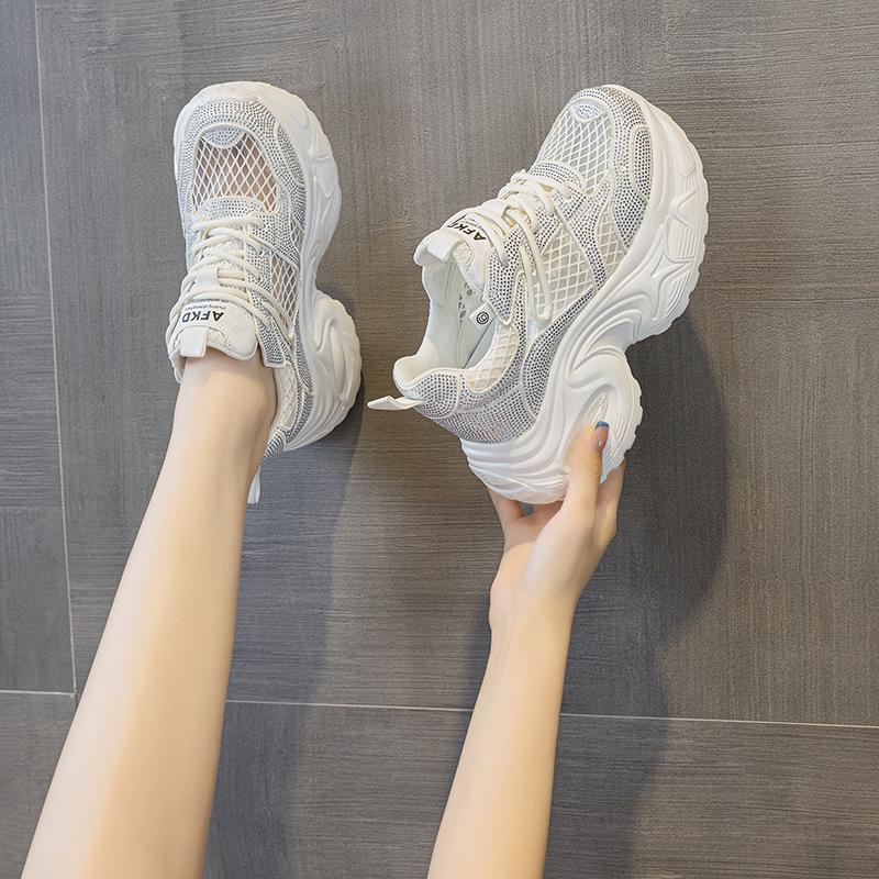 Women's Summer Rhinestone Mesh Dad Shoes - Thick-Soled, Breathable, Casual Sports, Size 34 Platform