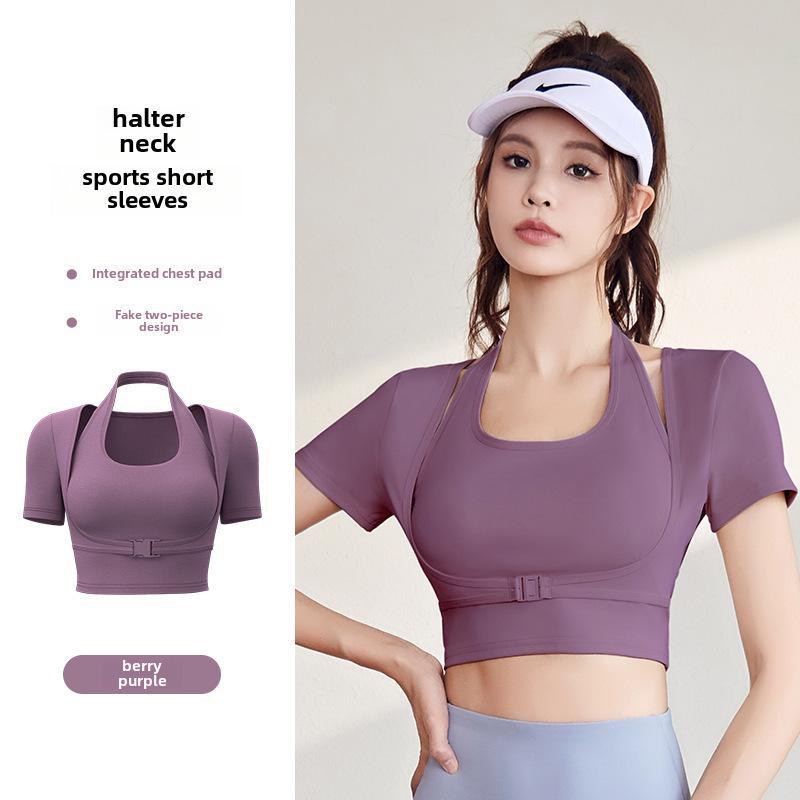 

Топ для йоги Juyitang Bra-Free с бретелькой через шею: Женская облегающая одежда для фитнеса с короткими рукавами S