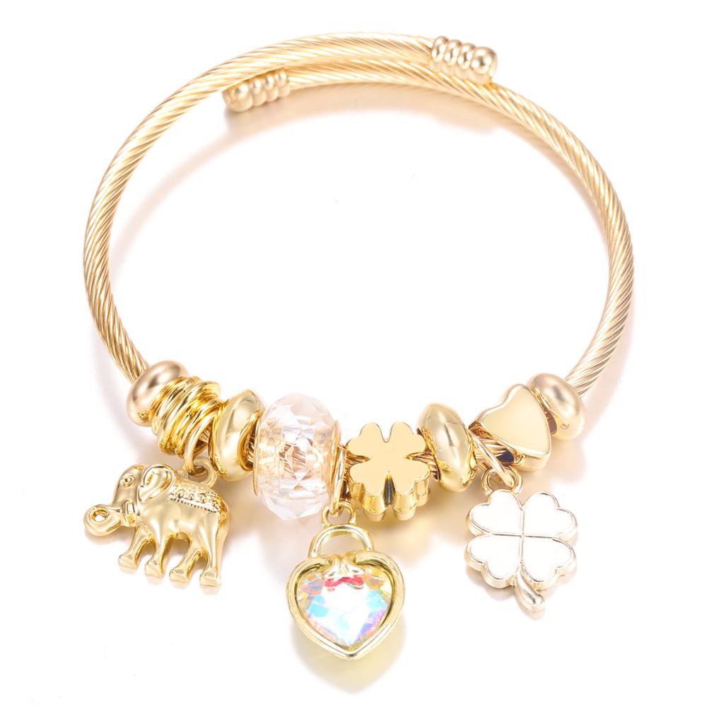 New Trendy 4 Colors Heart Shape Painted Pendant Closure Beaded Bracelet Golden Stainless Steel Women Bracelet Charm Jewelry