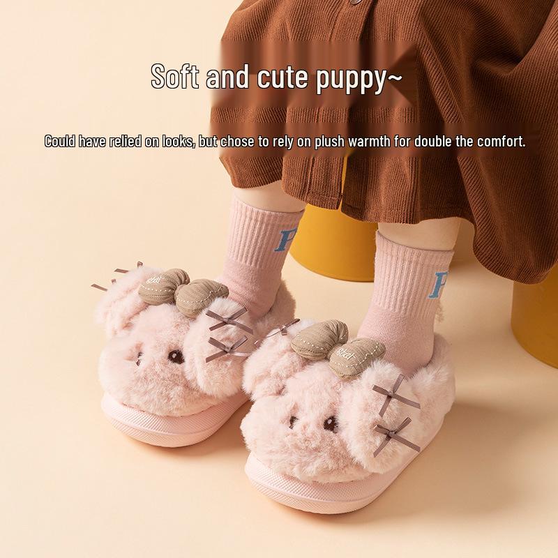 Girls' Winter Cartoon Bow Slippers - Closed-Back Cotton Indoor Shoes for Kids and Parent-Child Matching