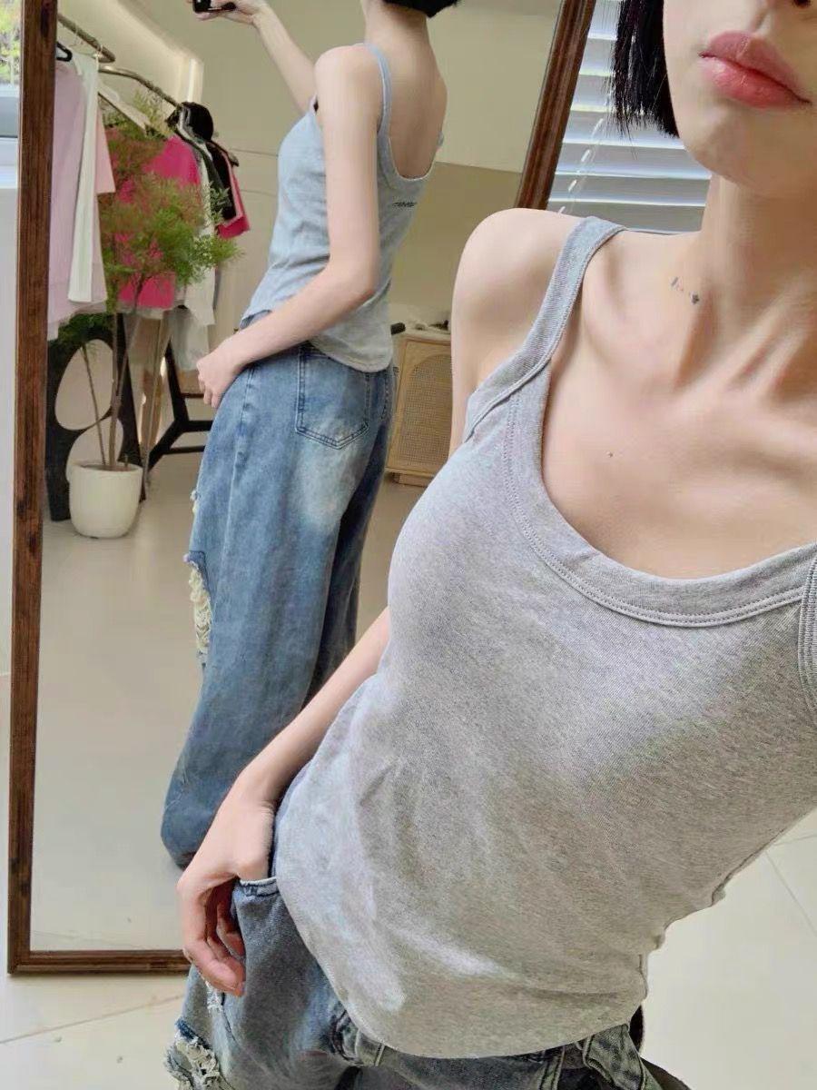 

Solid Color Strappy Tank Top with Built-in Padded Cups for Women - U-Shaped Design, Inner/Outer Wear, Pure Desire. One Size (110-160 lbs)