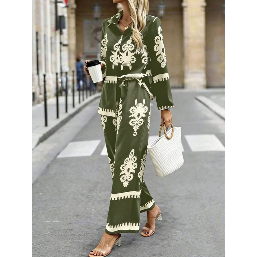 Women's Loose Fit Two Piece Outfit Long Sleeve Printed Shirt Elastic Waist Wide Leg Pants Set