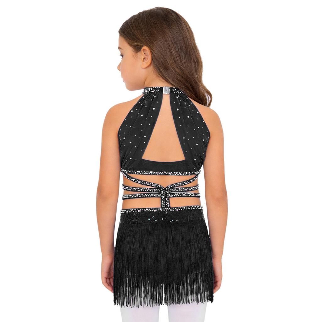 Dziewczęca Sukienka do Tańca Latynoamerykańskiego Bez Rękawów Marszczona Siateczkowa Góra Wycięcie w Talii Paski Błyszczące Frędzle Cyrkonie Płatki Sequins Body