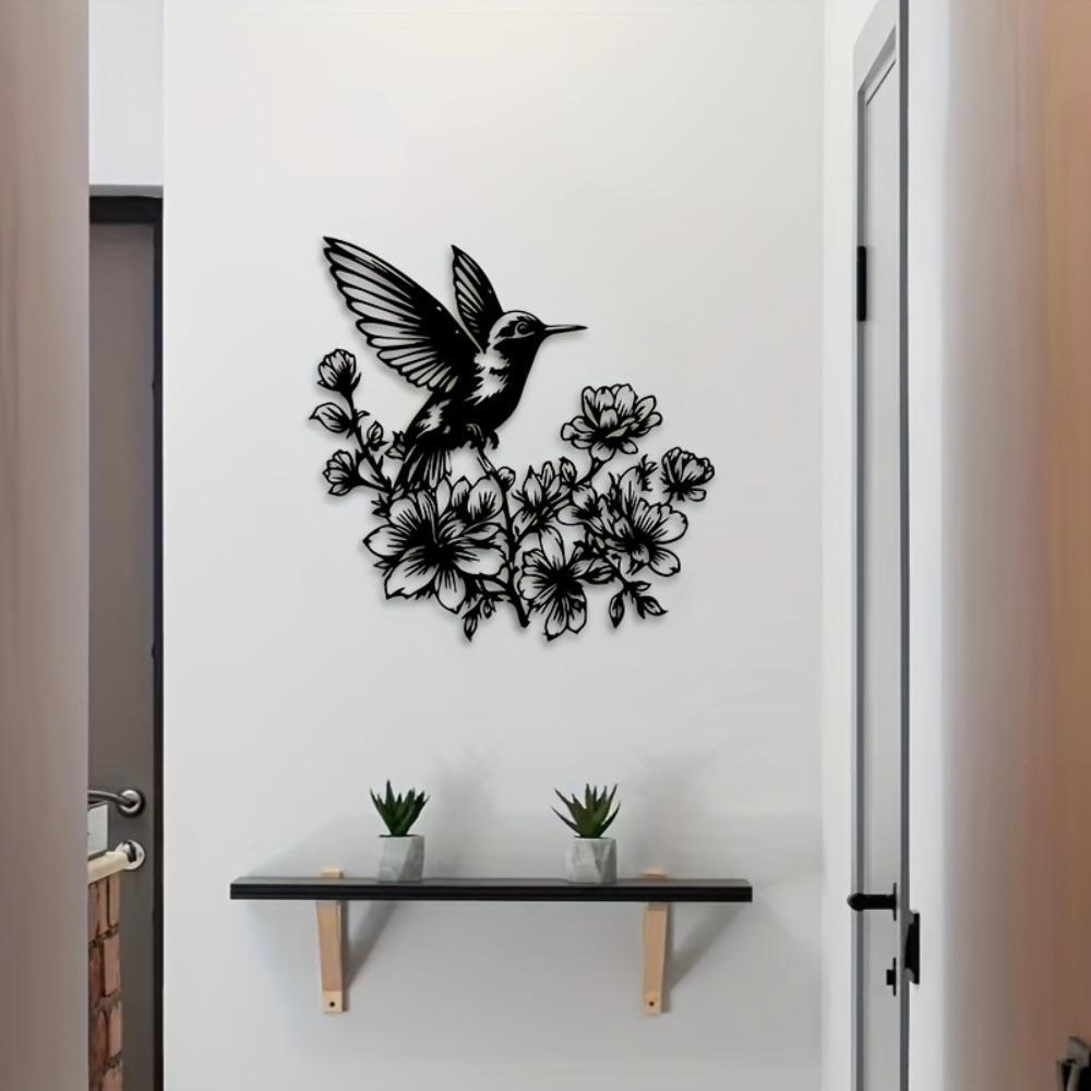 1pc Vintage Metal Hummingbird Wall Art, Iron Garden Sculpture Indoor Outdoor, 3D Bird Flower Decor for Fence Living Room, Weatherproof Nature Gift