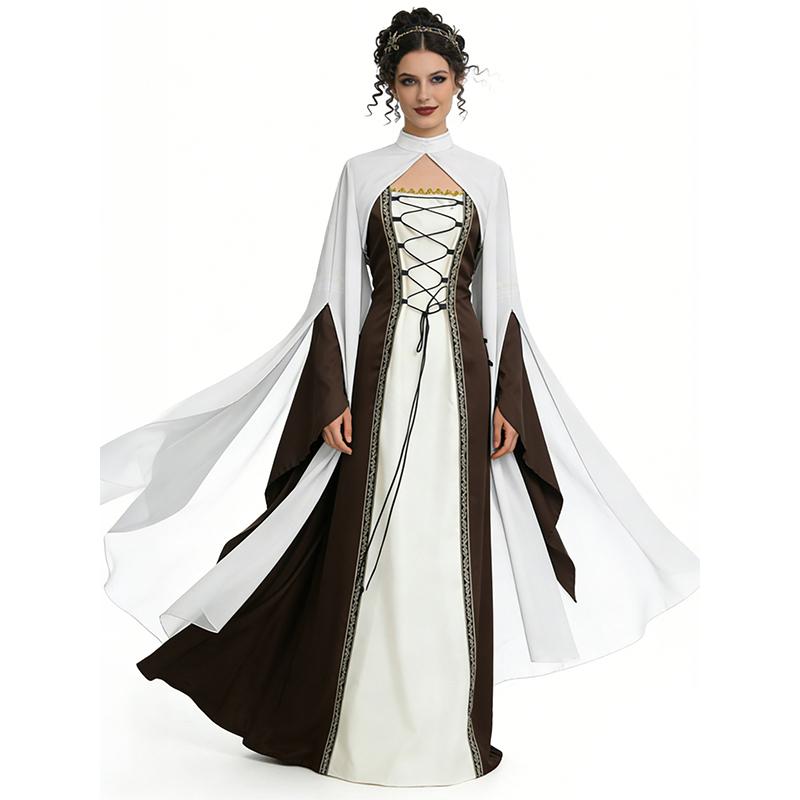 Abito Medievale Rinascimentale con Mantello, Abito Lungo Vittoriano con Lacci per Donna, Ideale per Halloween, Cosplay e Feste a Tema