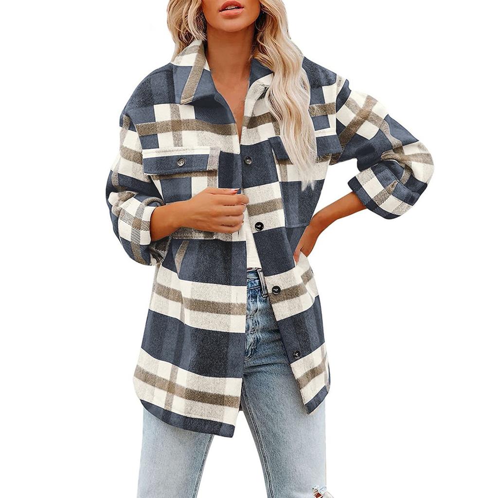 Damen-Hemden mit gebürstetem Karomuster, langärmlig, Flanell, Revers, Knopfleiste, Taschen, Shacket-Jacke, Mäntel
