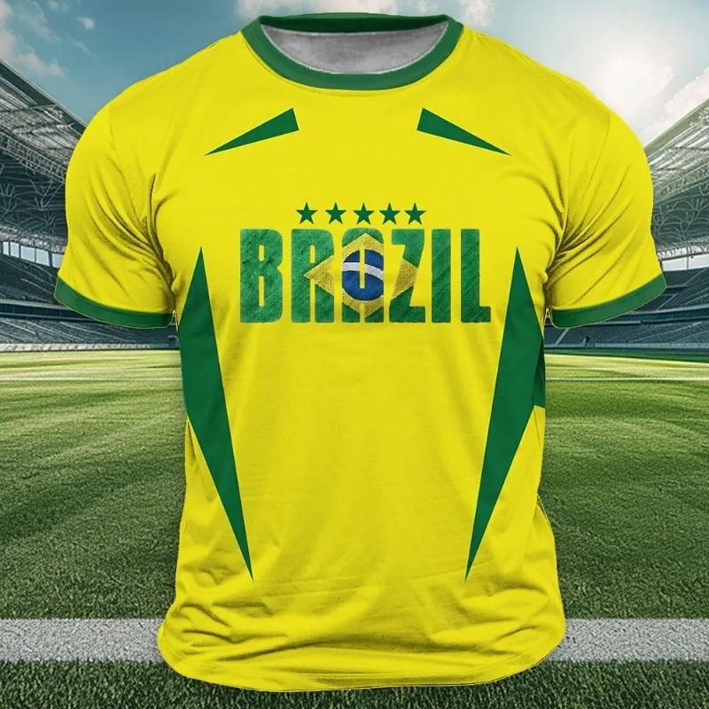 T-shirt con Stampa Bandiera del Brasile da Uomo per Sport all'Aperto Manica Corta Girocollo Top Larghi T-shirt Estiva Brasile Will Calcio