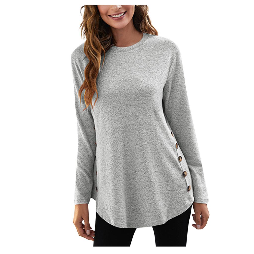 Camicie a maniche lunghe da donna Girocollo leggero Maglioni abbottonati Top a tunica O-Collo