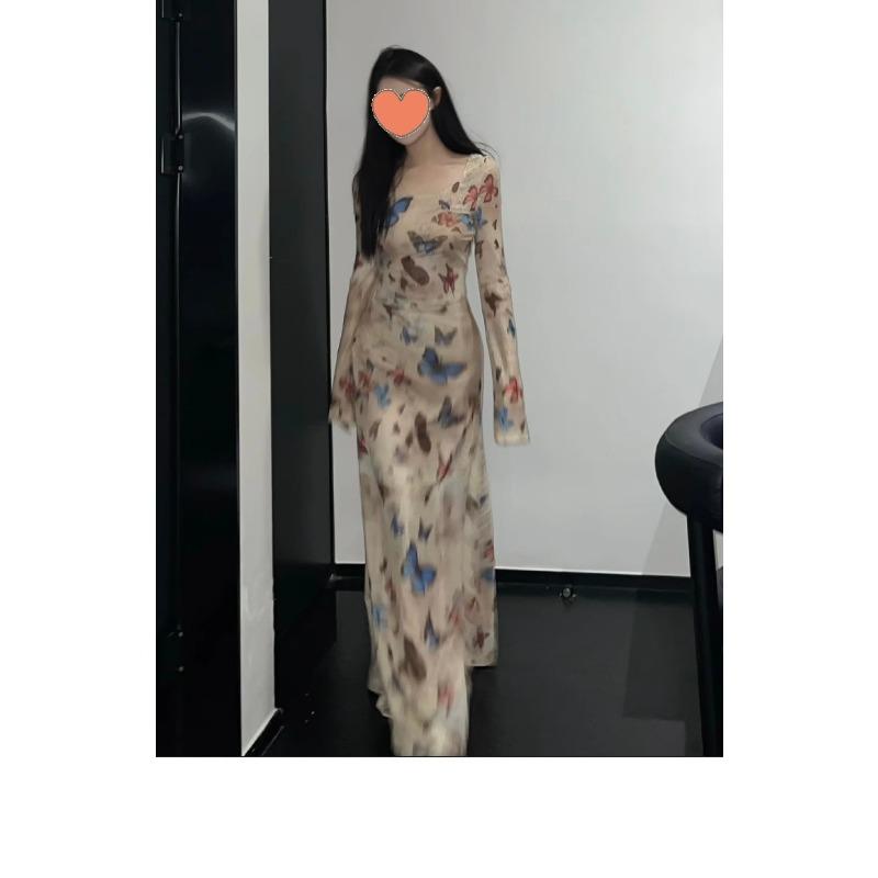 Spring Autumn Vintage Butterfly Printing Waist Slim Dress Women Long Sleeve Casual Bodycon Robe Vestidos
