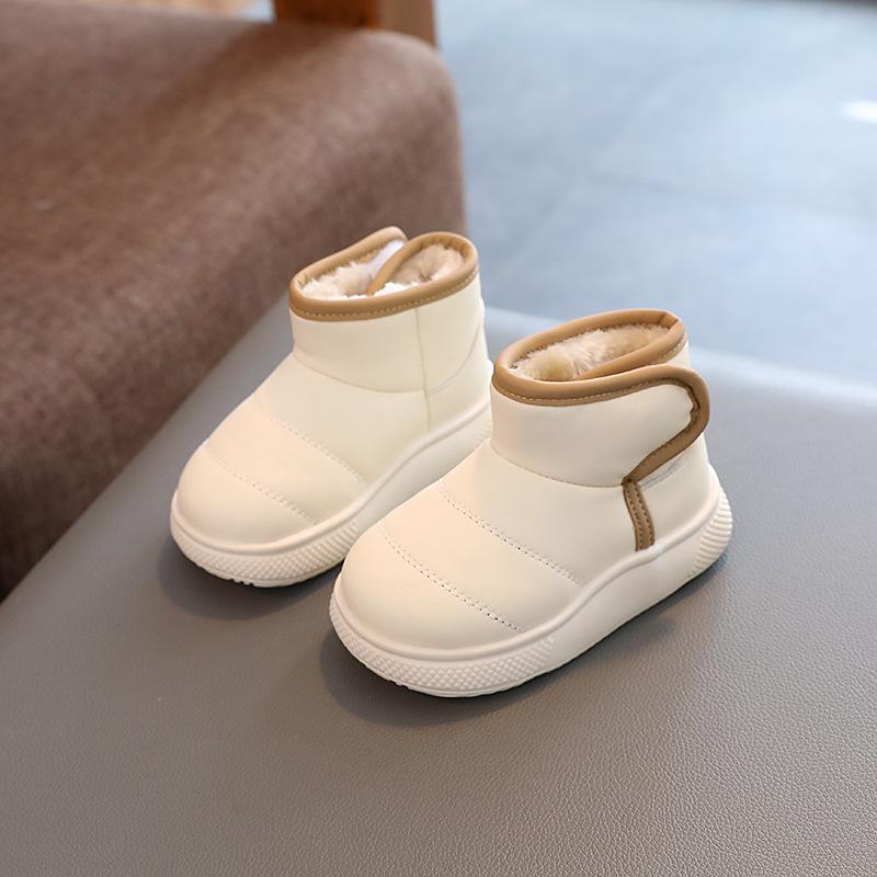 Kids' Velvet-Lined Snow Boots - Solid Color Winter 2023, Korean-Style Cotton Shoes for Boys & Girls, Short Leather Walking Boots