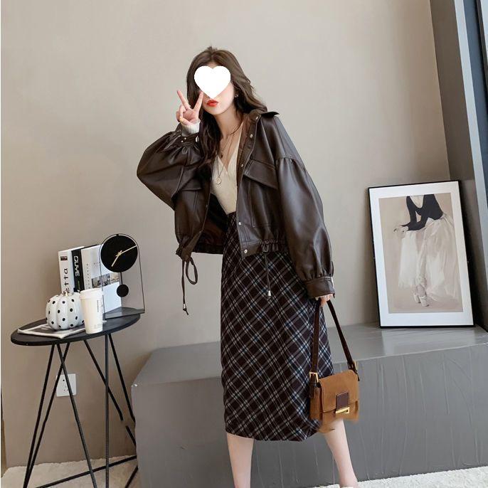 Women's Fashionable Loose Leather Motorcycle Jacket with Shirt Collar and Drawstring - Korean Style