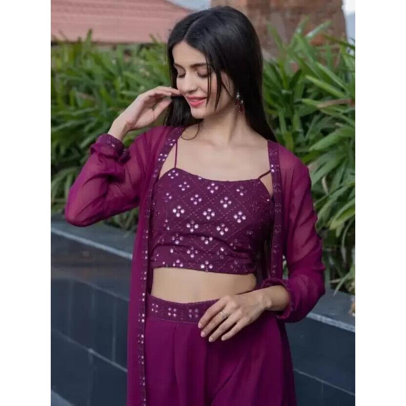 Women Georgette Ethnic Top Palazzo Ethnic Jacket Set Indian Pakistani Party Wear VF-20162