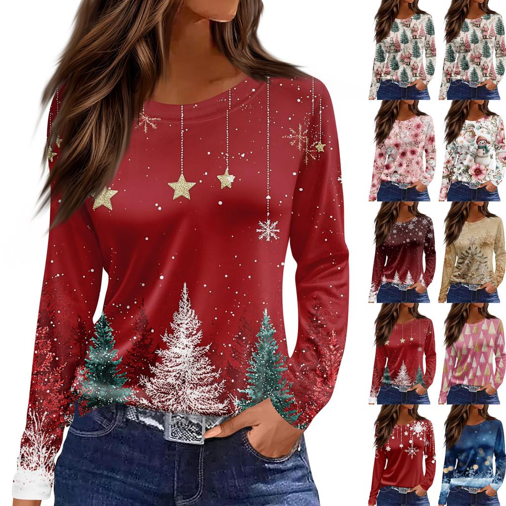 Жіноча модна повсякденна футболка з розрізом і круглим вирізом з довгим рукавом і принтом.